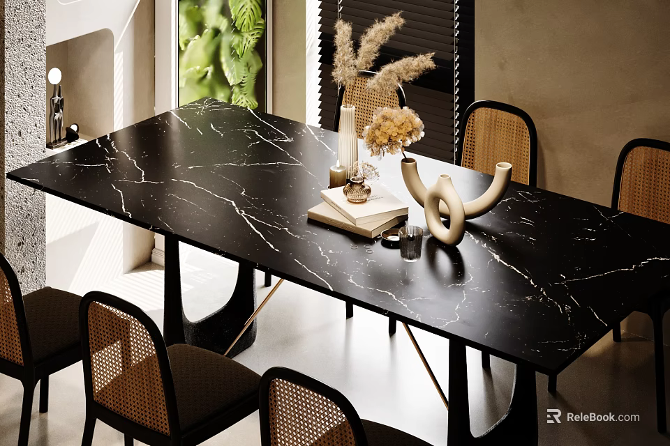 Modern Dining Table Set with Black Marble Top Rattan Chairs and Decorative Vases Books 3d model 