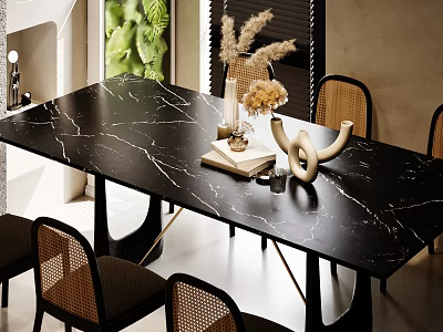 Modern Dining Table Set with Black Marble Top Rattan Chairs and Decorative Vases Books 3d model
