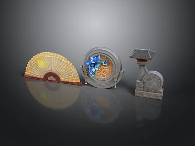 Traditional Chinese Decorative Ornaments With Yellow Fan Circular Blue Accent And Stone Architecture 3d model