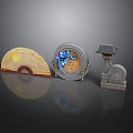 Traditional Chinese Decorative Ornaments With Yellow Fan Circular Blue Accent And Stone Architecture