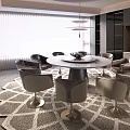 Modern Restaurant Interior With Round Dining Table Chairs Pendant Light Kitchen Cabinets And Patterned Rug 3d model