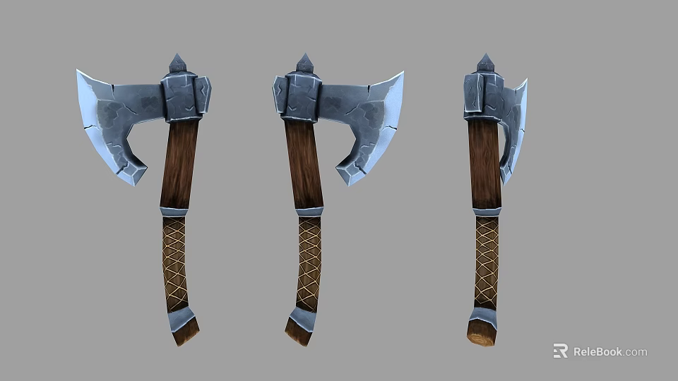 Fantasy Battle Axes With Sharp Metal Blades Wooden Handles And Braided Texture Design 3d model 