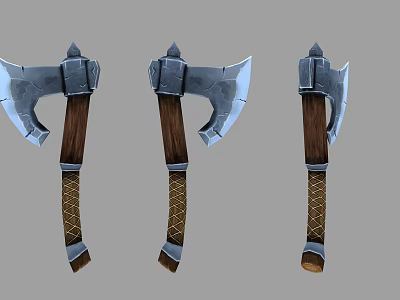 Fantasy Battle Axes With Sharp Metal Blades Wooden Handles And Braided Texture Design 3d model
