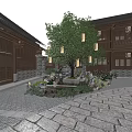 Traditional Courtyard Garden at Night with Hanging Lanterns Pond Rocks and Lighting