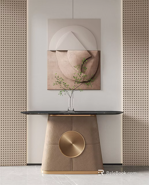 Elegant Console Table With Black Marble Top Green Plant And Perforated Wall Design 3d model