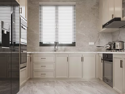 Modern Kitchen Interior With Light Cabinets Window Blinds And Stainless Steel Appliances 3d model