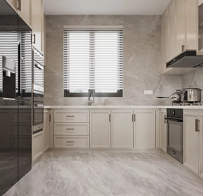 Modern Kitchen Interior With Light Cabinets Window Blinds And Stainless Steel Appliances 3d model
