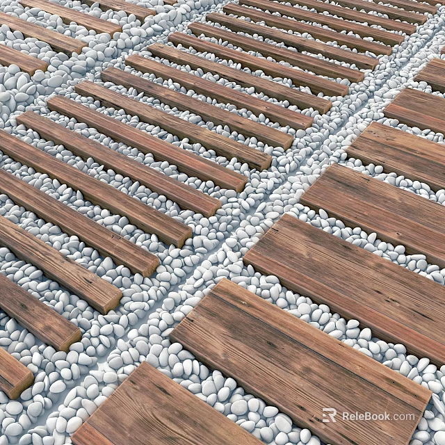 Natural Outdoor Ground Design With Wooden Planks And Pebble Patterns 3d model 