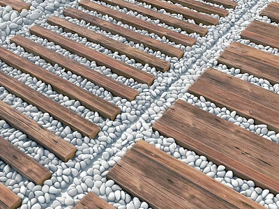 Natural Outdoor Ground Design With Wooden Planks And Pebble Patterns 3d model