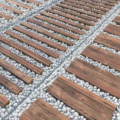 Natural Outdoor Ground Design With Wooden Planks And Pebble Patterns 3d model