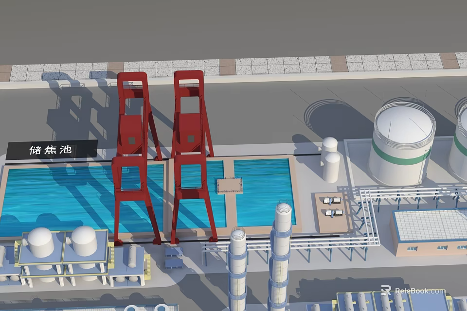 Large Industrial Plant with Blue Thermal Storage Pool Red Structures White Tanks and Chimneys 3d model 