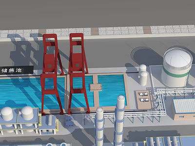 Large Industrial Plant with Blue Thermal Storage Pool Red Structures White Tanks and Chimneys 3d model