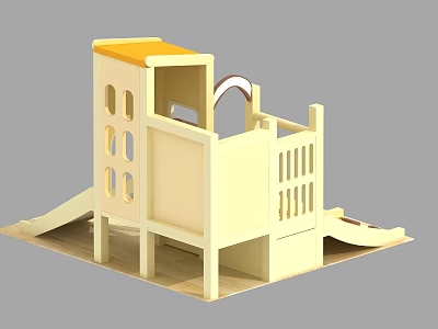 Wooden Children's Play Structure With Yellow Roof Slide Windows And Railings 3d model