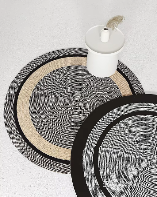 Round Woven Textured Rug With Black Beige Gray Concentric Striped Patterns 3d model 