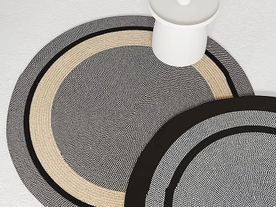 Round Woven Textured Rug With Black Beige Gray Concentric Striped Patterns 3d model