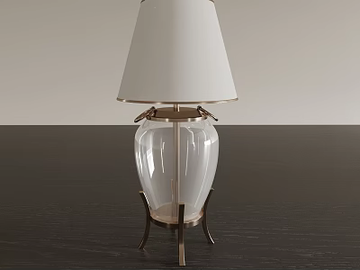 Modern Table Lamp With White Lampshade Transparent Glass Body And Metallic Base On Dark Tabletop 3d model