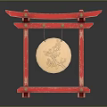 Golden Chinese Gong With Red Wooden Frame And Hand Painted Floral Art Pattern