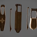 Handcrafted Wooden String Instruments With Intricate Carved Designs And Vintage Accessories