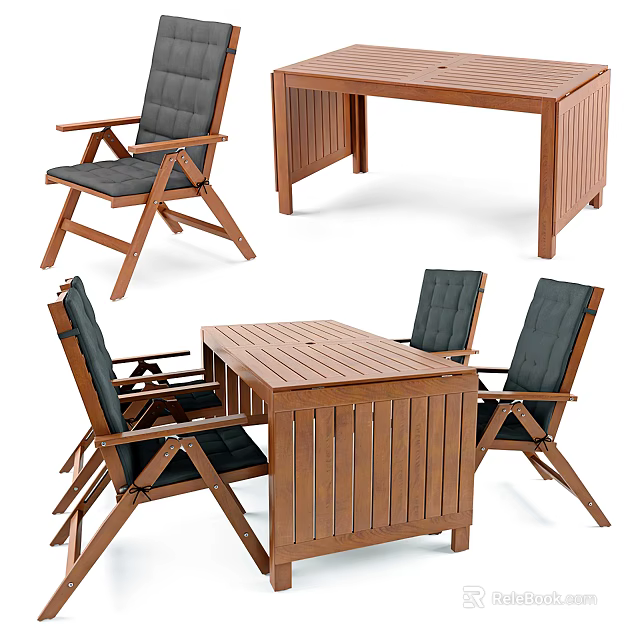 Wooden Square Table And Chair Set With Black Cushions For Home Use 3d model 