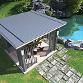 Modern Pavilion With Lattice Structure Circular Opening Seating Area And Stone Pathway In Green Lawn