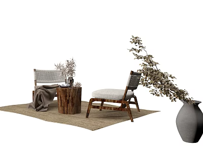 Cozy Leisure Sofa Set With Two Chairs Wooden Stump Table Blanket And Plants On Rug 3d model
