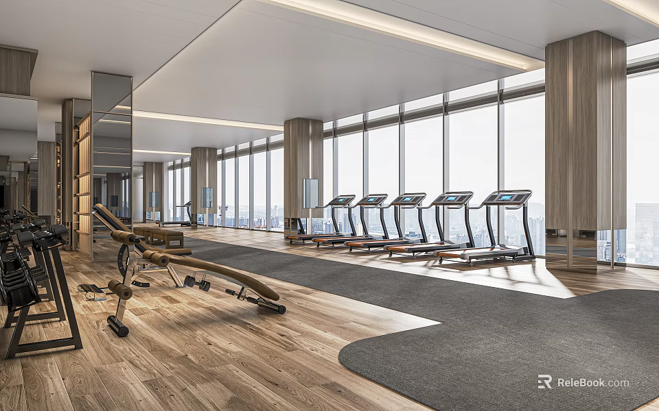 Spacious Modern Gym Interior With Large Windows Treadmills And Fitness Equipment 3d model 