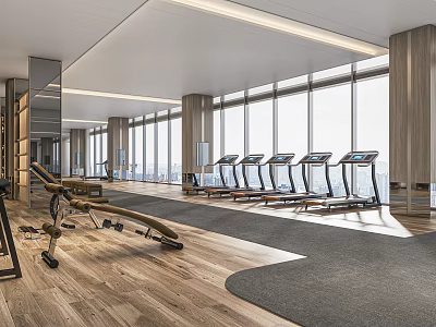 Spacious Modern Gym Interior With Large Windows Treadmills And Fitness Equipment 3d model