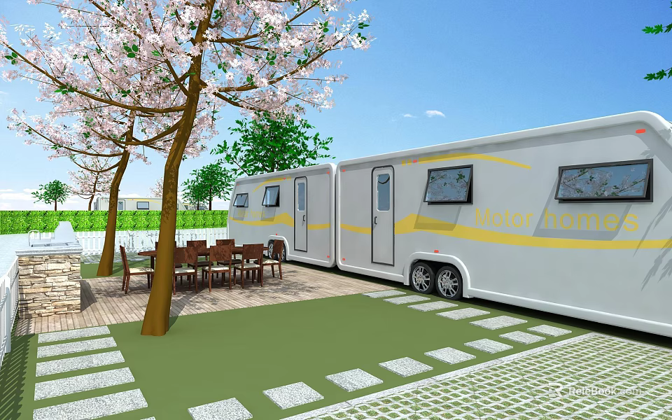 Scenic Outdoor Caravan Area With Cherry Blossom Trees Dining Table Paved Patio And Green Grass 3d model 
