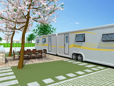 Scenic Outdoor Caravan Area With Cherry Blossom Trees Dining Table Paved Patio And Green Grass 3d model
