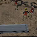 Cartoon Construction Site Scene With Workers in Safety Gear and Covered Object and Steel Cables