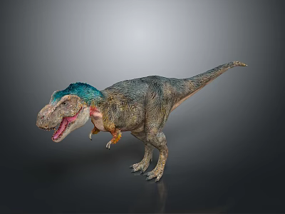Detailed Tyrannosaurus Rex With Blue Head Green Body Orange Accents Open Mouth And Standing Pose 3d model