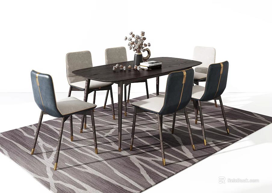 Modern Dining Table Set With Gray And Blue Chairs Vase Flowers On Patterned Rug 3d model