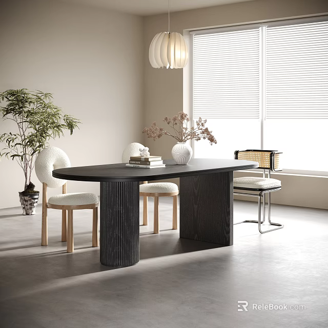 Modern Dining Table Set with Chairs Vase Books Near Window Green Plant and Natural Light 3d model 