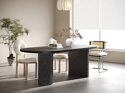 Modern Dining Table Set with Chairs Vase Books Near Window Green Plant and Natural Light 3d model