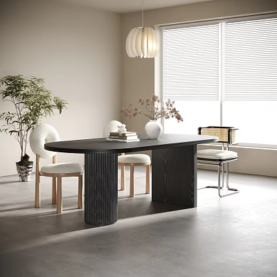 Modern Dining Table Set with Chairs Vase Books Near Window Green Plant and Natural Light 3d model