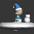 Cute Christmas Girl Doll In Blue Coat With Santa Hat And Snowman On Snowy Platform