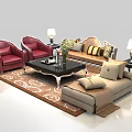 Classic Beige Sofa Coffee Table Combination With Red Leather Armchairs Patterned Rug And Table Lamps 3d model