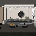Modern Living Room Interior With Gray Sofa Round Mirror Coffee Table And Area Rug