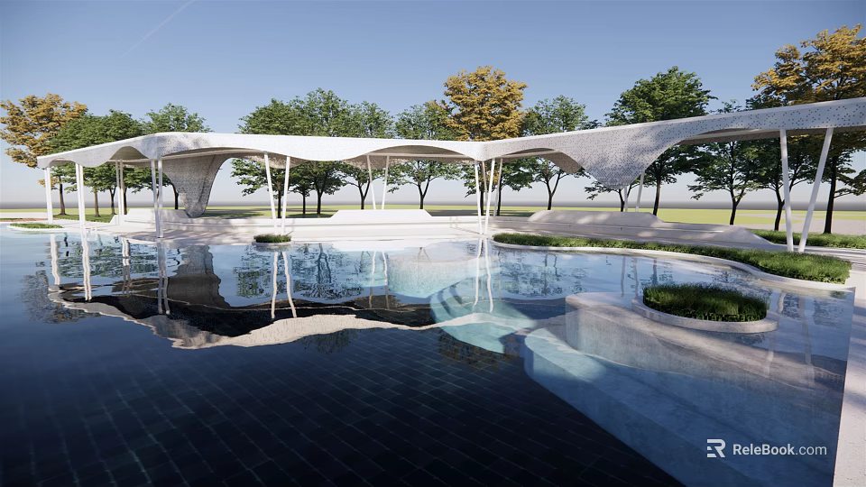 Modern Pergola Design With Pool Reflection And Surrounding Trees Under Blue Sky 3d model