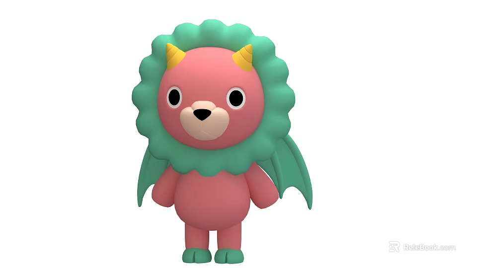 Cute Cartoon Lion Character With Pink Body Green Mane Yellow Horns And Green Wings 3d model 