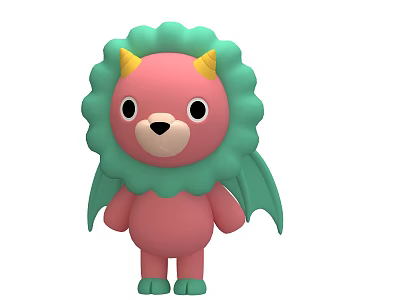 Cute Cartoon Lion Character With Pink Body Green Mane Yellow Horns And Green Wings 3d model