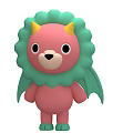 Cute Cartoon Lion Character With Pink Body Green Mane Yellow Horns And Green Wings