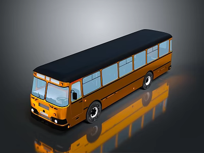 Orange Bus With Black Roof Multiple Windows And 3D Reflection On Dark Background 3d model
