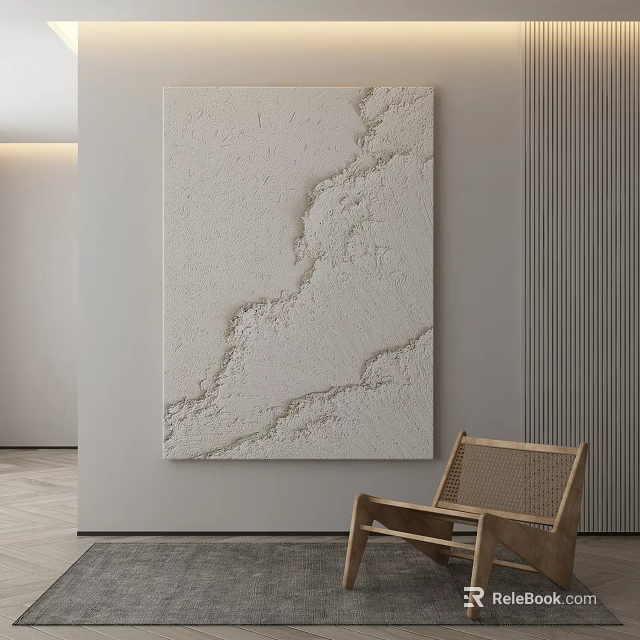 Abstract Painting with White Textured Surface in Modern Interior Space with Wooden Chair 3d model 