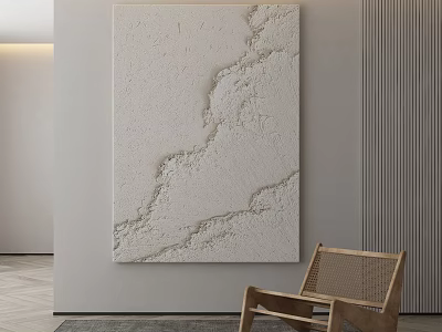 Abstract Painting with White Textured Surface in Modern Interior Space with Wooden Chair 3d model