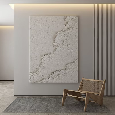 Abstract Painting with White Textured Surface in Modern Interior Space with Wooden Chair 3d model