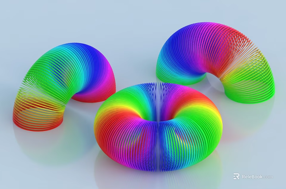 Colorful 3D Spiral Geometric Shapes With Rainbow Hues And Striped Surfaces 3d model 