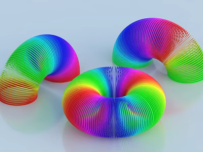 Colorful 3D Spiral Geometric Shapes With Rainbow Hues And Striped Surfaces 3d model