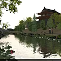 Serene Chinese Garden Landscape With Pond Lotus Leaves Pink Flowers Traditional Building And People Walking