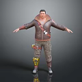 Man Wearing Brown Jacket Red Backpack Work Pants Yellow Knee Pads Boots With Arms Outstretched